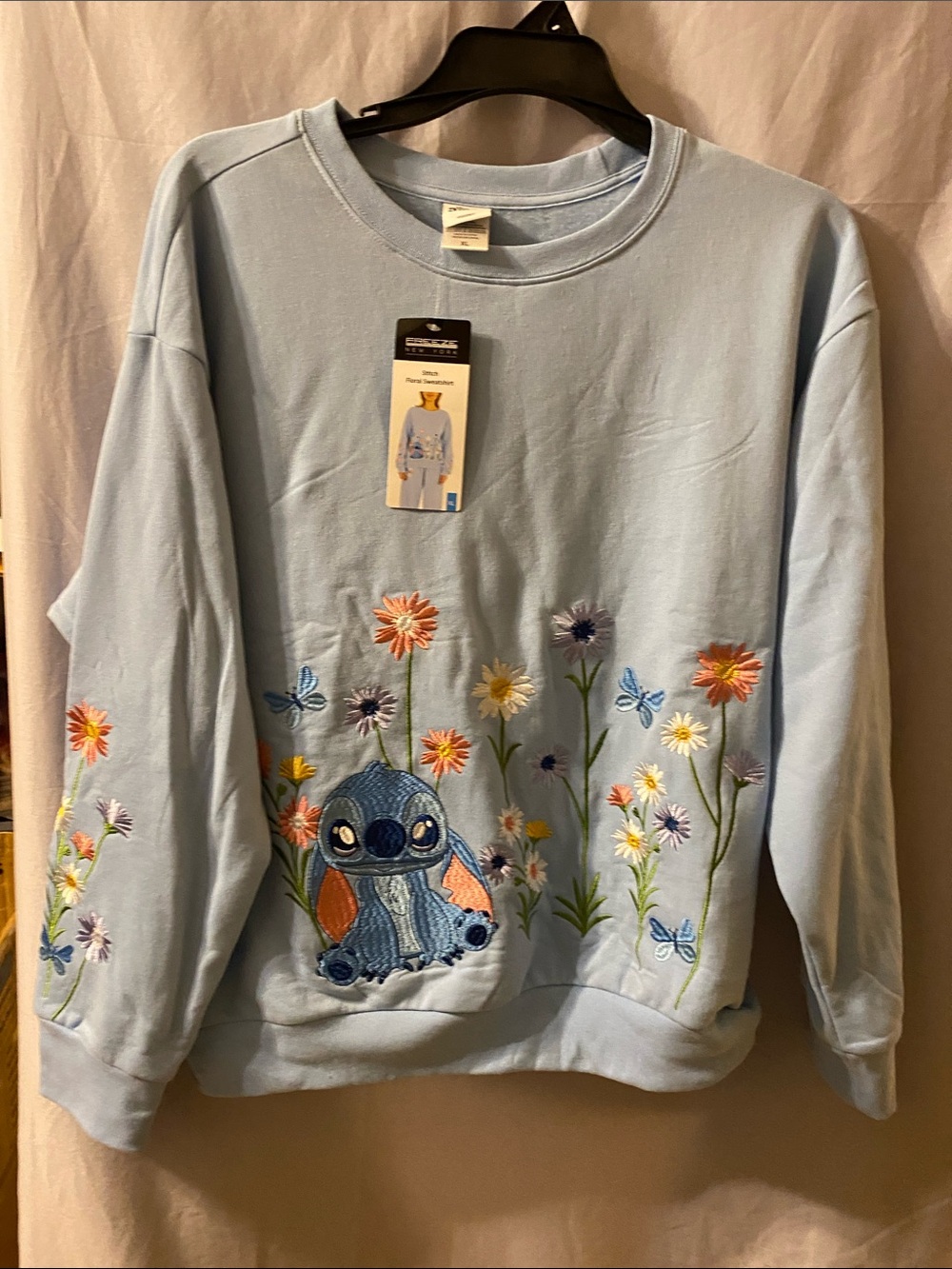 Disney Light Blue Stitch Embroidered Crewneck Sweatshirt